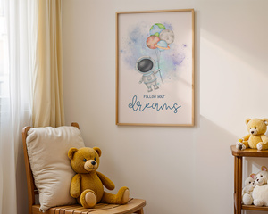 Plakat Kosmonauta z Planetami w Ramce 42x30 cm – Motywacyjna Dekoracja do Pokoju Dziecka | A3 z Drewnianą Ramką