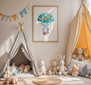 Plakat Słonik w Balonie z Proporczykami – Dekoracja do Pokoju Dziecka A3 | Ramka z Jasnego Drewna