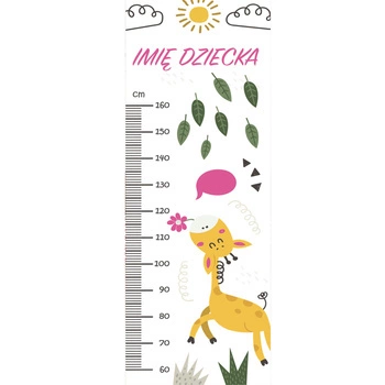 Naklejka na ścianę personalizowana miarka wzrostu żyrafa zjada kwiatka 162 cm na 61 cm
