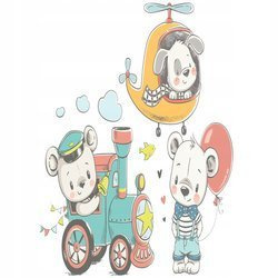 Naklejka na ścianę Misiek z balonem brat w pociągu kolega piesek w helikopterze 90 cm na 60 cm