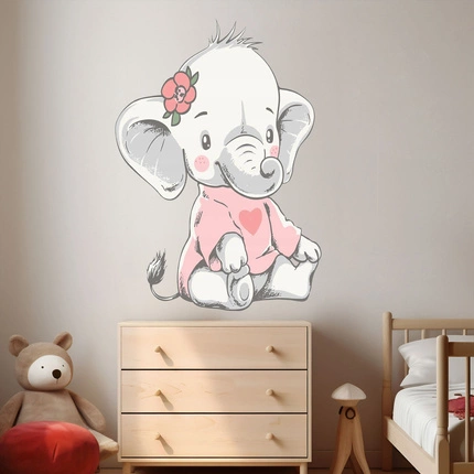 Naklejka na ścianę Słonik w różowej koszulce z sercem 90 cm na 60 cm