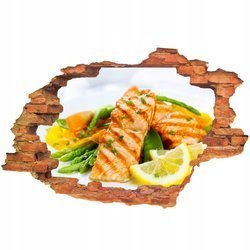 Naklejka na ścianę 3D Jedzenie kawałki rybki na warzywkach z cytrynką 90 cm na 60 cm