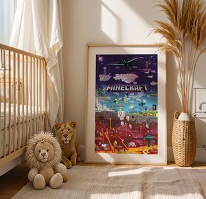Plakat Minecraft w Ramce 42x30 cm – Epicka Mapa Światów | Dekoracja do Pokoju Dziecka