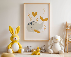 Plakat Uśmiechnięty Wieloryb – Dekoracja do Pokoju Dziecka A3 | Ramka z Jasnego Drewna