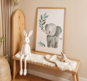 Plakat Słonik z Gałązką – Dekoracja do Pokoju Dziecka A3 | Ramka z Jasnego Drewna