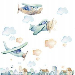 Naklejka na ścianę 3 Samoloty miasto chmurki 90 cm na 60 cm
