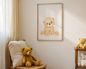 Plakat Miś BABY 42x30 cm – Dekoracja do Pokoju Niemowlaka | Format A3 w Drewnianej Ramce