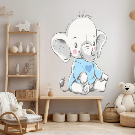 Naklejka na ścianę Słonik w niebieskiej koszulce z sercem 90 cm na 60 cm